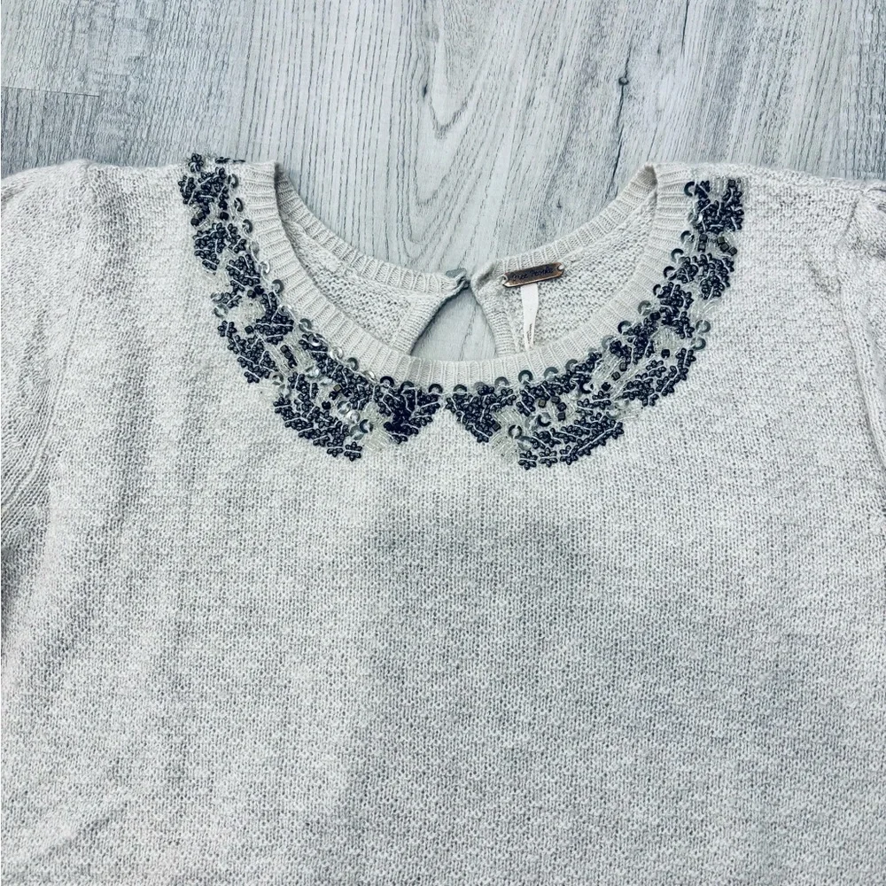 Free People Beaded Cream Short Sleeve Wool Rabbit Hair Sweater Small - Picture 3 of 9